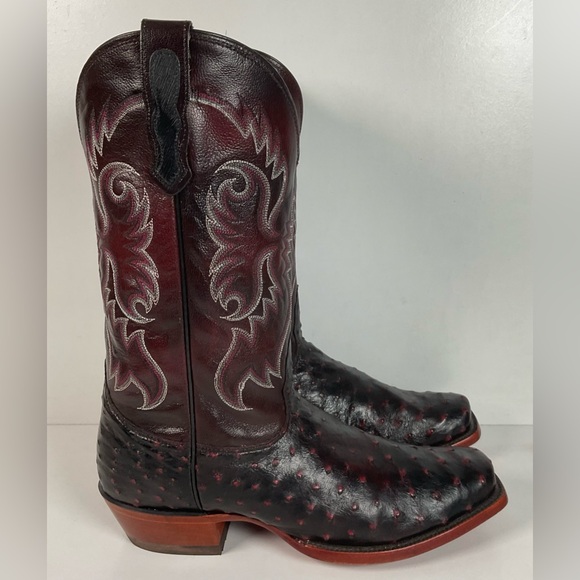 Nocona Black Cherry Ostrich Quill Cowboy Boots 9 EE Handcrafted USA Made - Picture 10 of 14